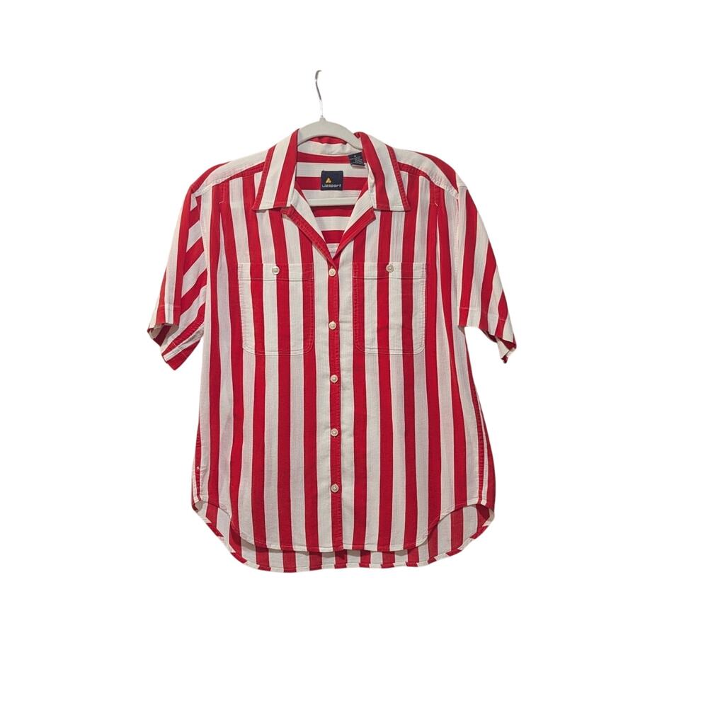 Vintage 90s Red White Stripe Boxy Short Sleeve Button Up Shirt Sz M